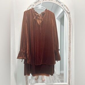 Velvet Tie-Neck Dress Tunic in Rich Brown